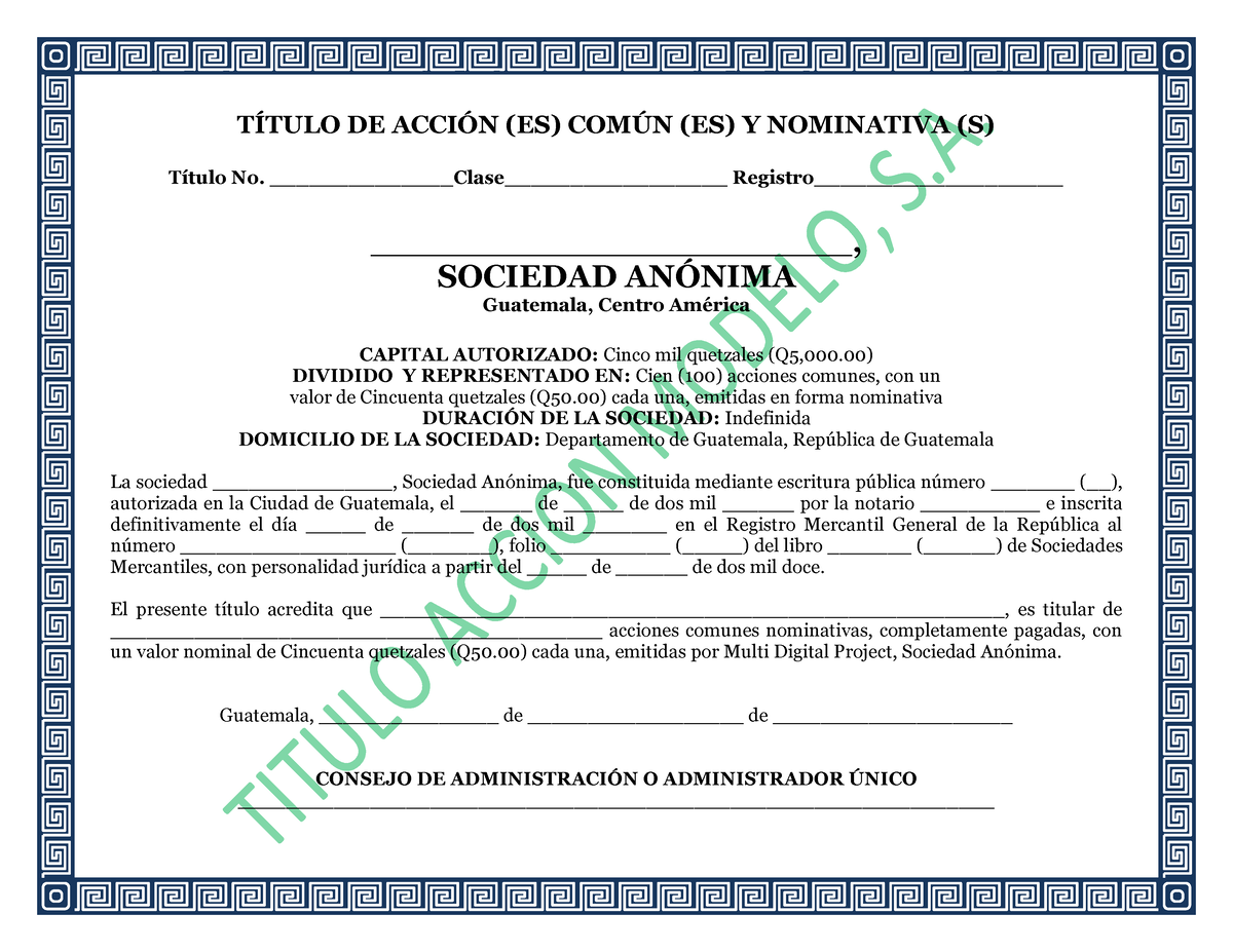 172487914 Titulo De Accion Mercantil Modelo TÕtulo De Acci”n Es Com⁄n Es Y Nominativa S 0916