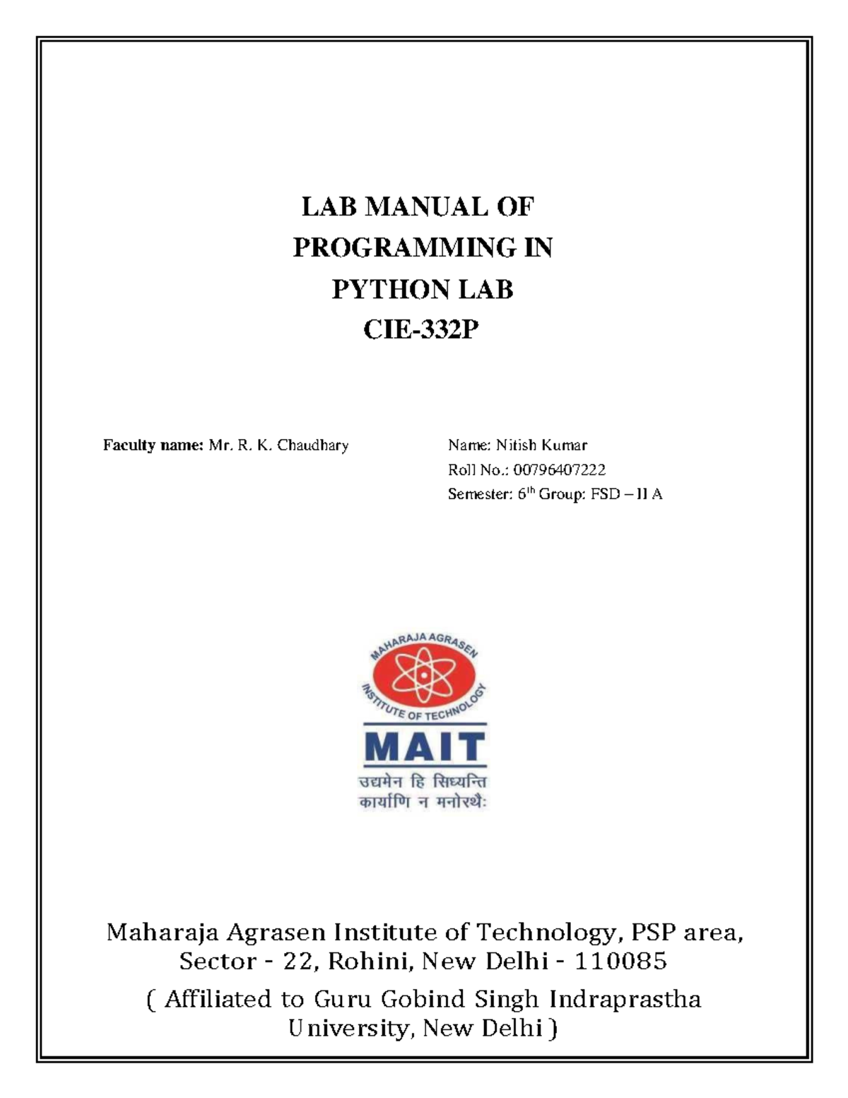 SYLLABUS OF SEVENTH SEMESTER - LAB MANUAL OF PROGRAMMING IN PYTHON LAB ...