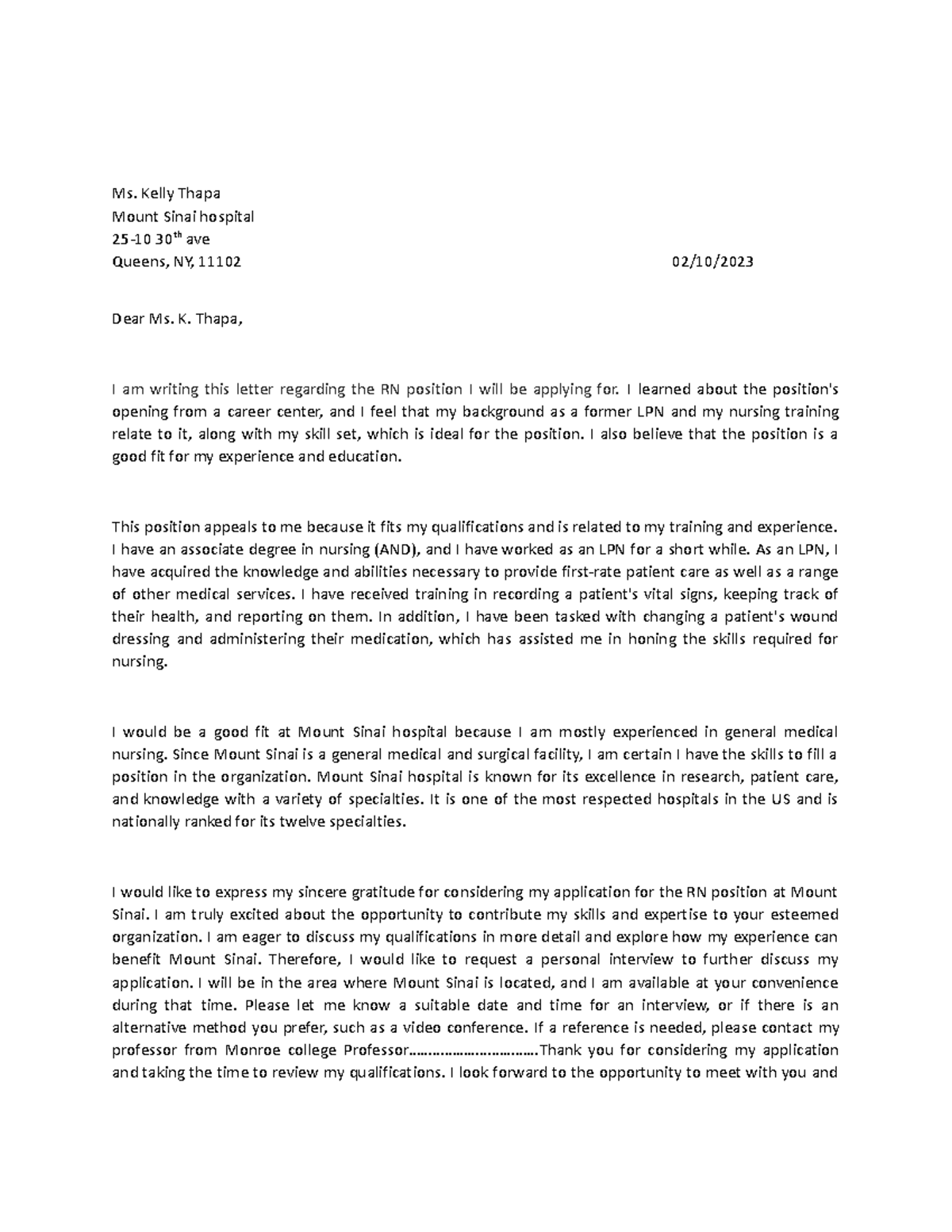 Cover letter - Ms. Kelly Thapa Mount Sinai hospital 25-10 30th ave ...