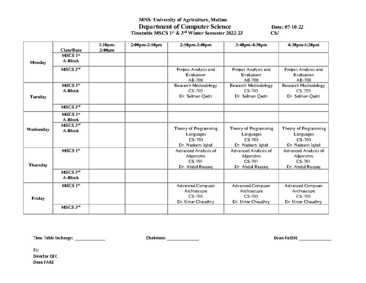 MSCS-Time Table - MNS- University of Agriculture, Multan Department of ...