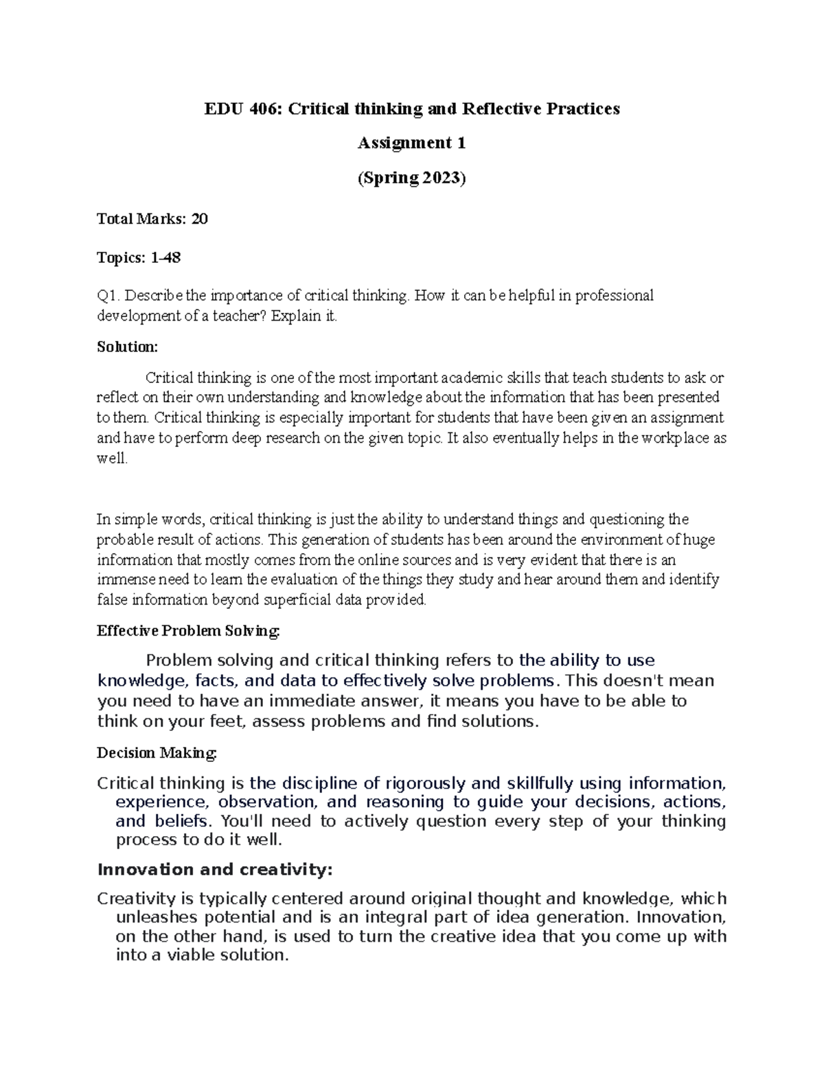 Eng504........... - EDU 406: Critical thinking and Reflective Practices ...