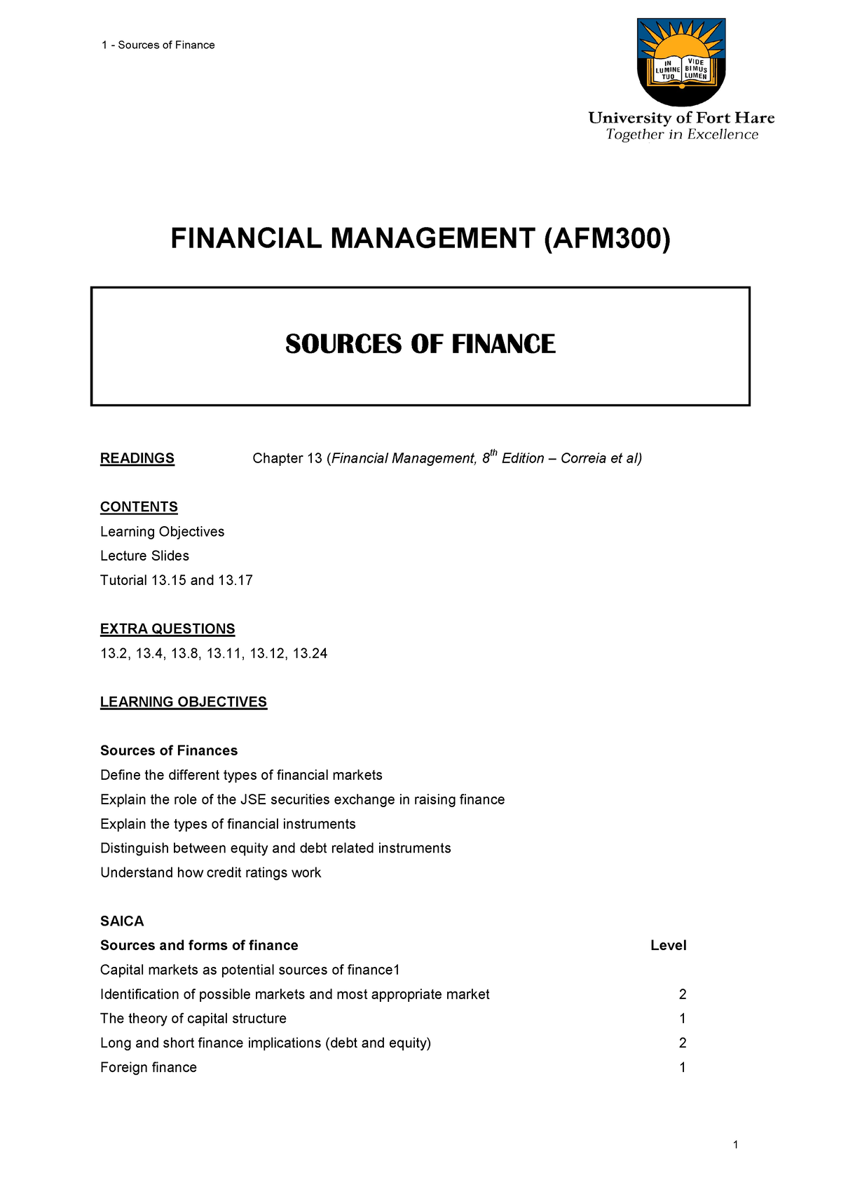 Sources Of Finance Lecture Notes - FINANCIAL MANAGEMENT (AFM300 ...