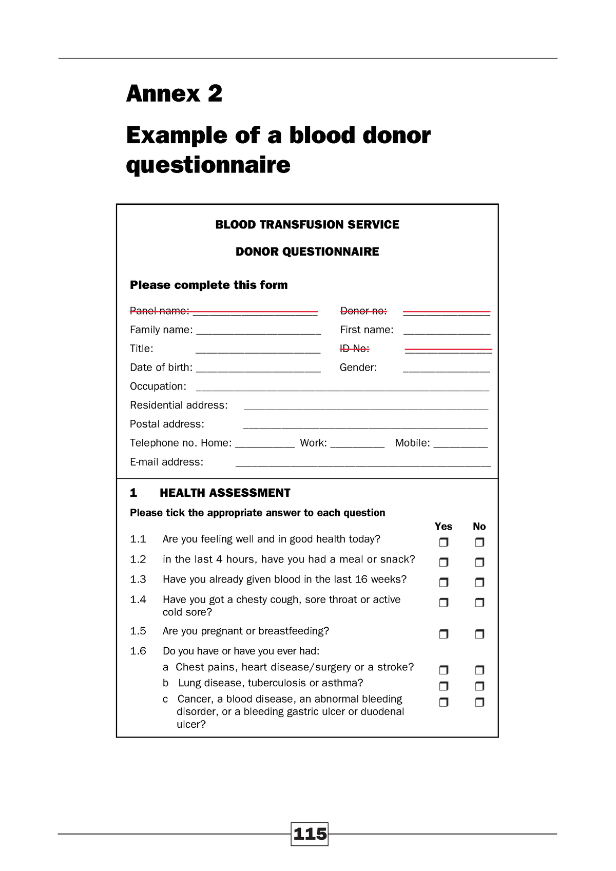 Sample Blood Donor Screening Form 1 Annex 2 Example Of A Blood Donor 