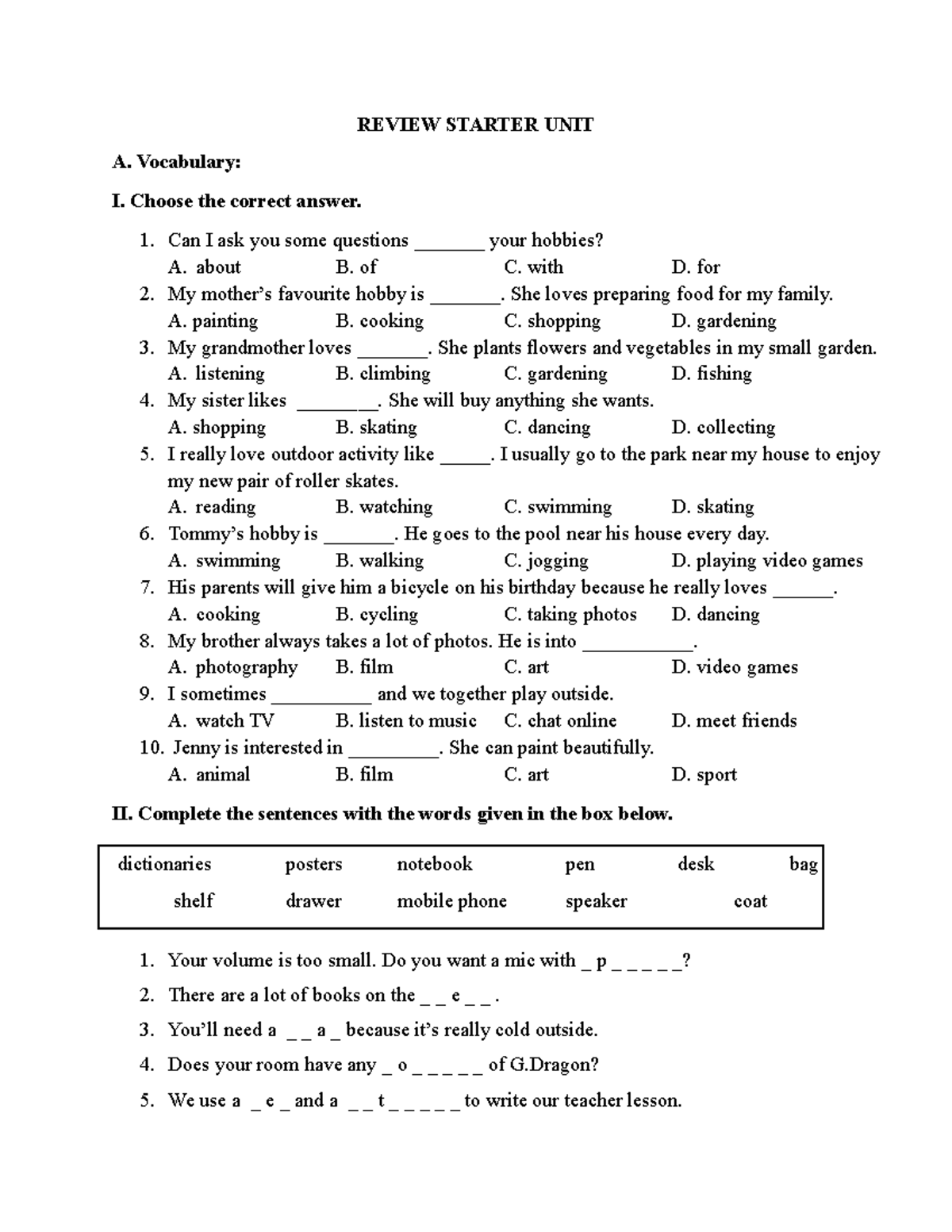 Review Starter Unit Nothing is special REVIEW STARTER UNIT A