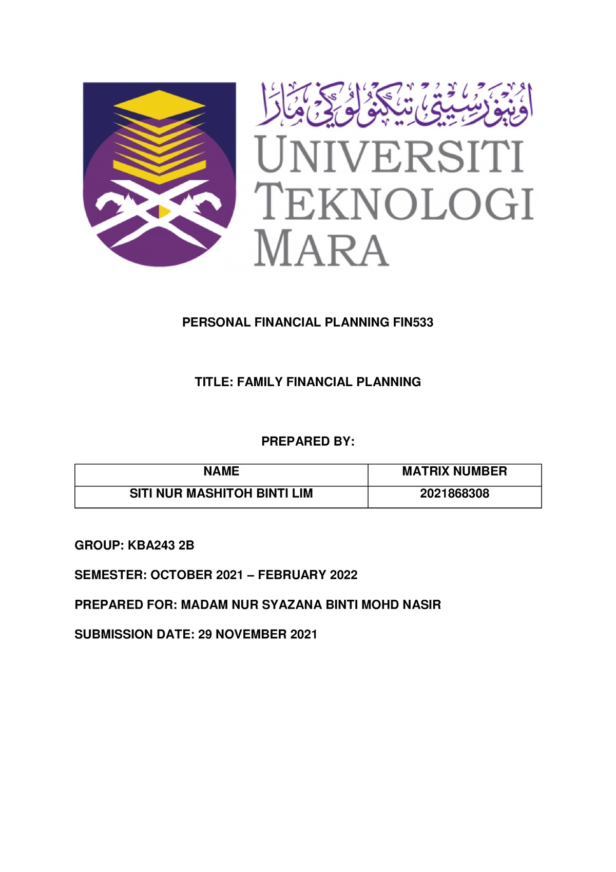 fin533 individual assignment family financial planning