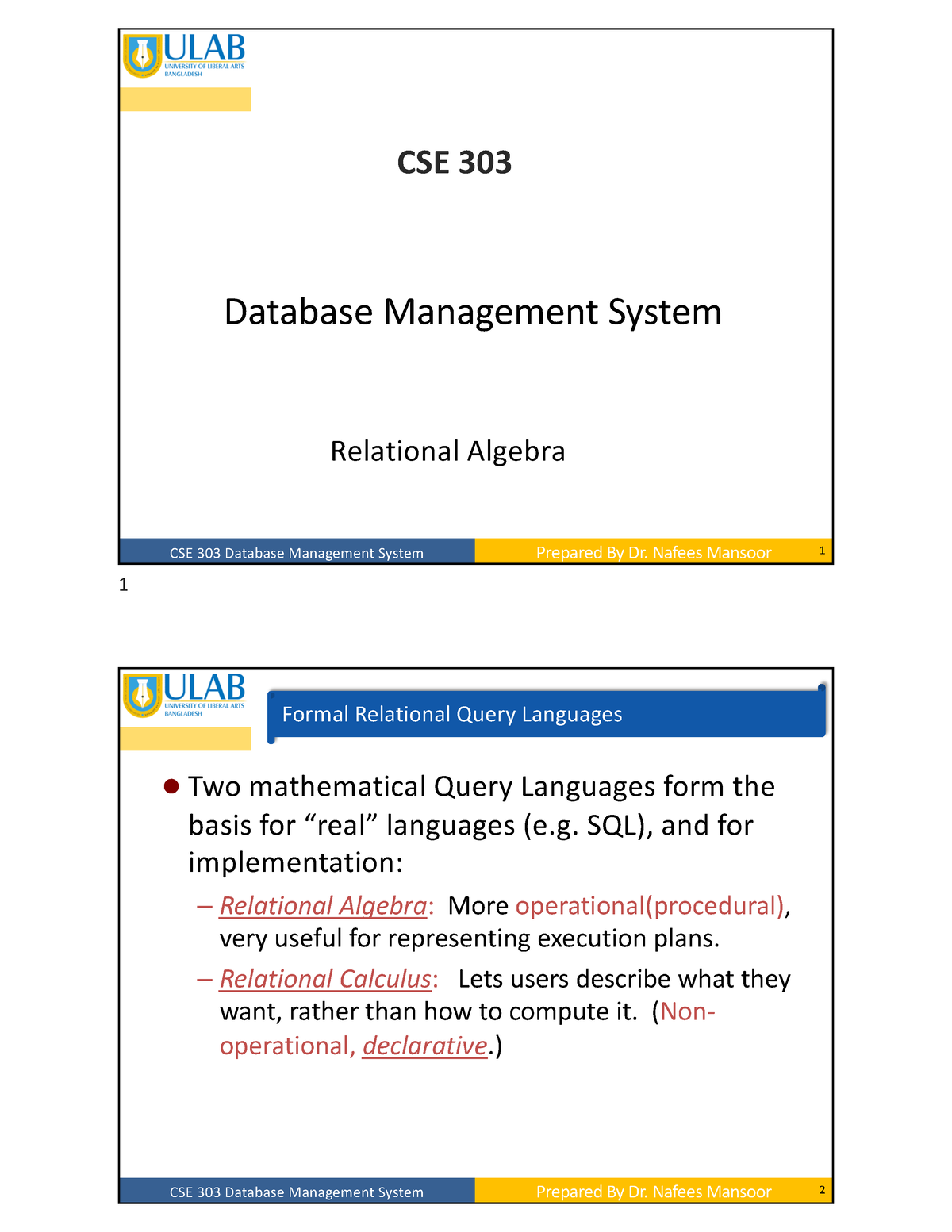 CSE 303 Lecture Relational Algebra - CSE 303 Database Management System ...