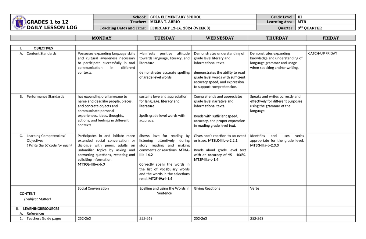 DLL MTB 3 Q3 W3 - nodgdg - GRADES 1 to 12 DAILY LESSON LOG School: GUSA ...