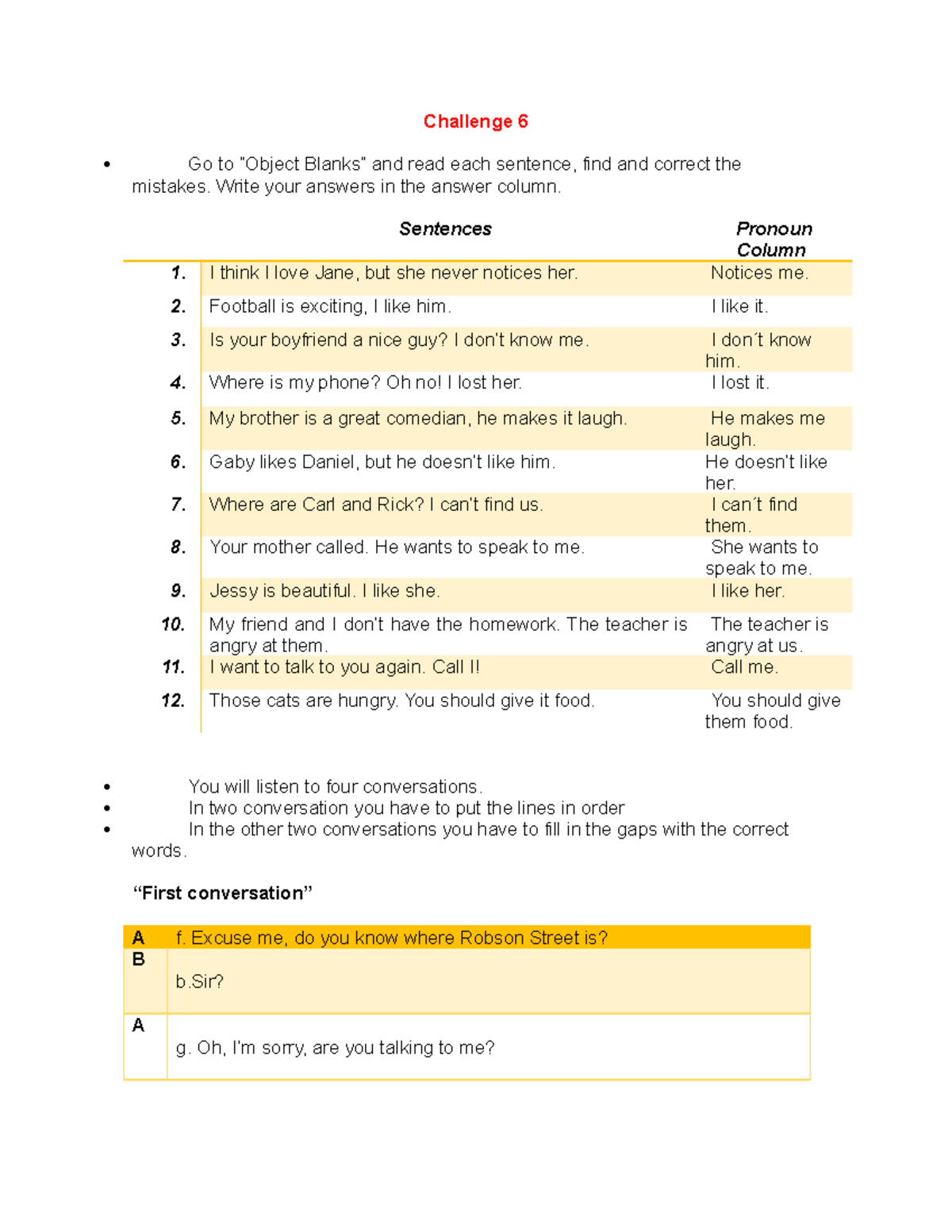 Challenge 6 - Challenge 6 Go to “Object Blanks” and read each sentence ...