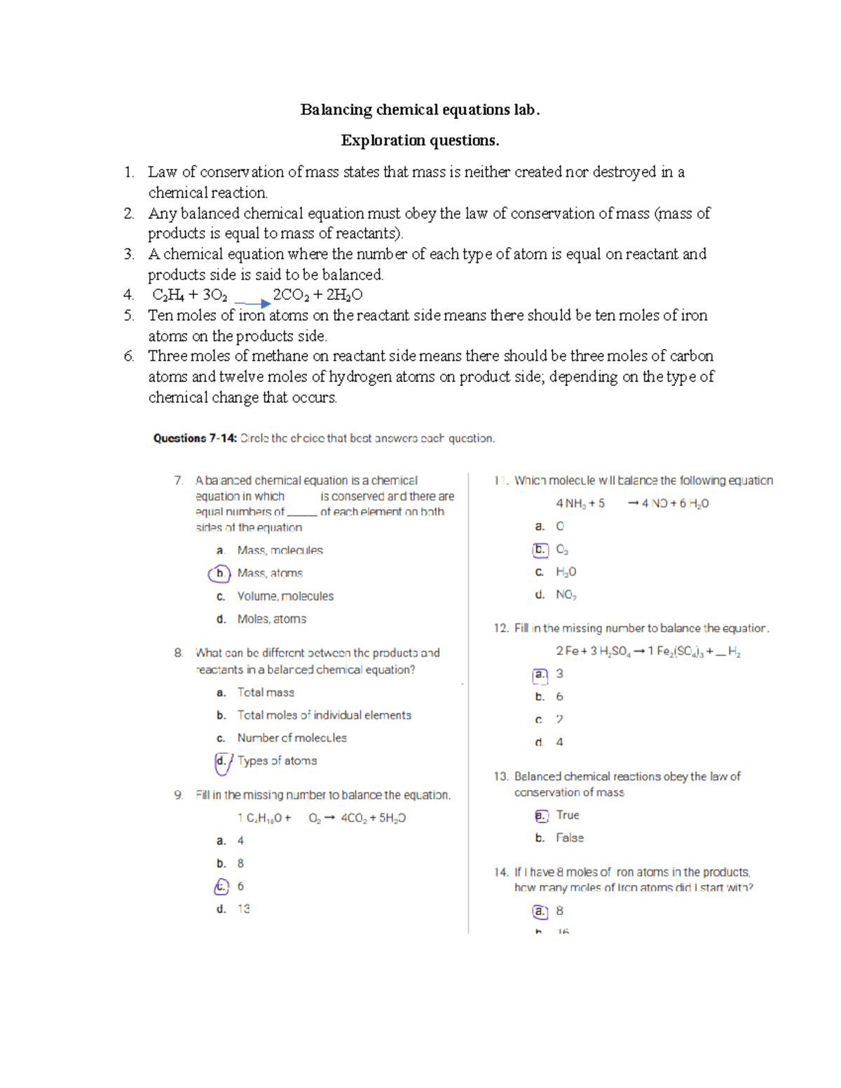 Balancing chemical equations lab - Exploration questions. Law of ...