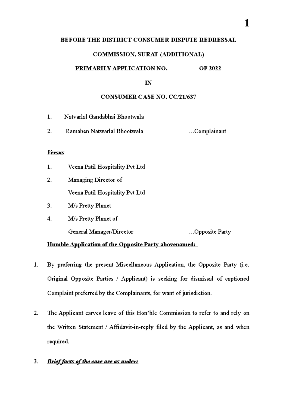 Miscellaneous application for want of jurisdiction - BEFORE THE ...