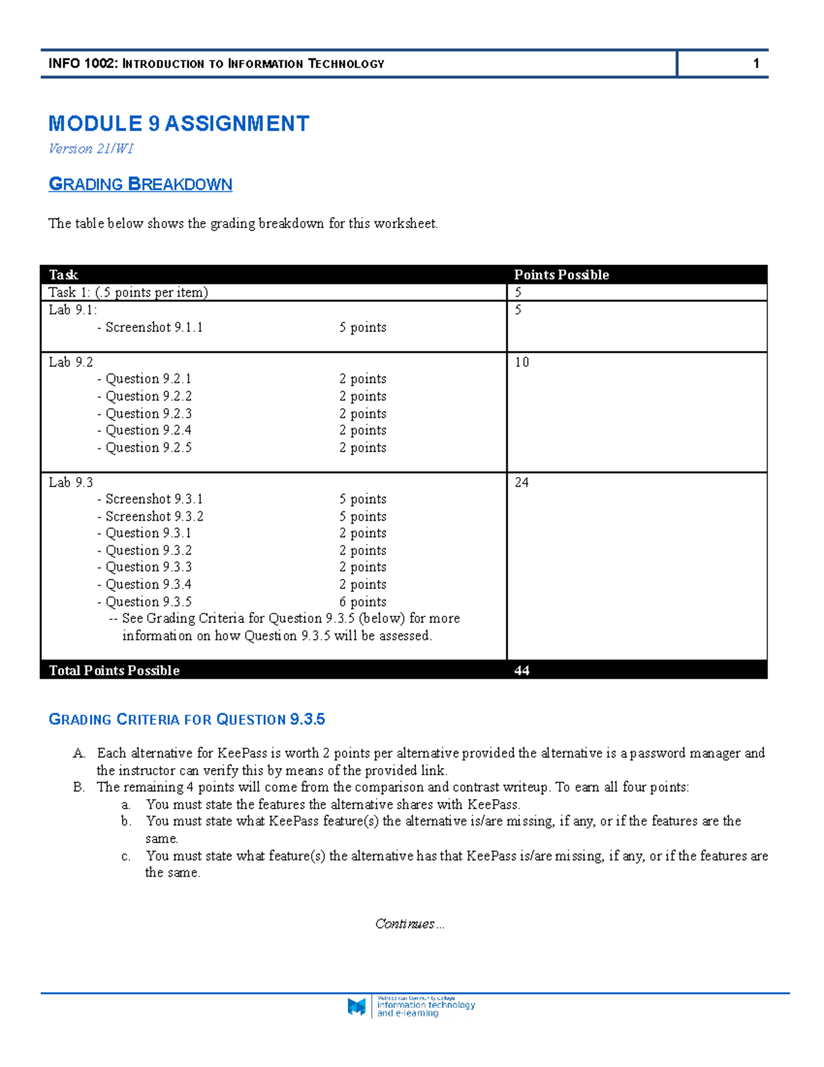 Module 09 Assignment 21WI - MODULE 9 ASSIGNMENT Version 21/WI G RADING ...