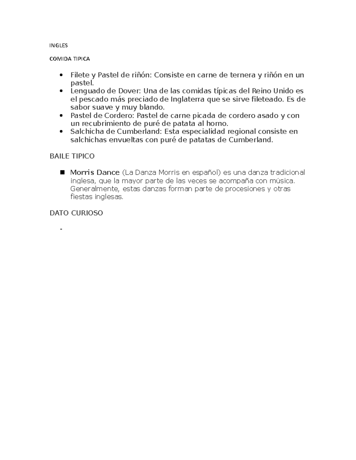 Trbajo de ingles lll INGLES COMIDA TIPICA Filete y Pastel de riñón