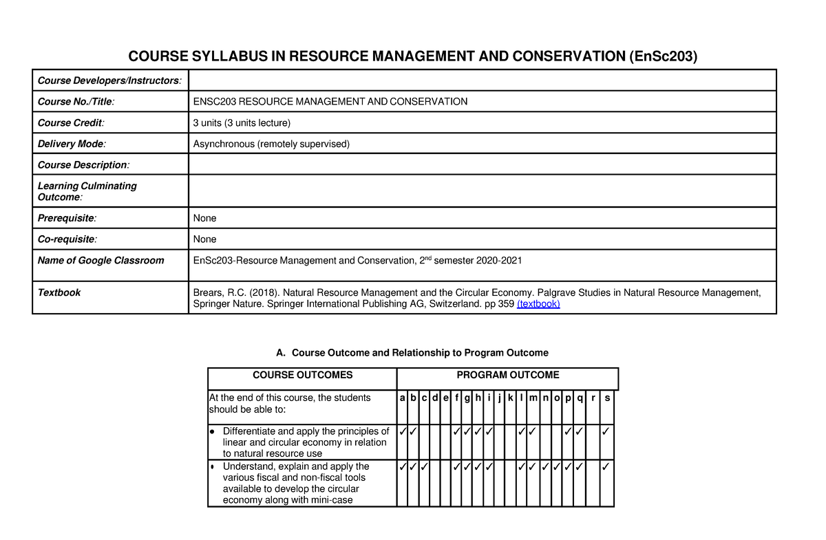 Ensc203 Resource Management And Conservation Syllabus - COURSE SYLLABUS ...