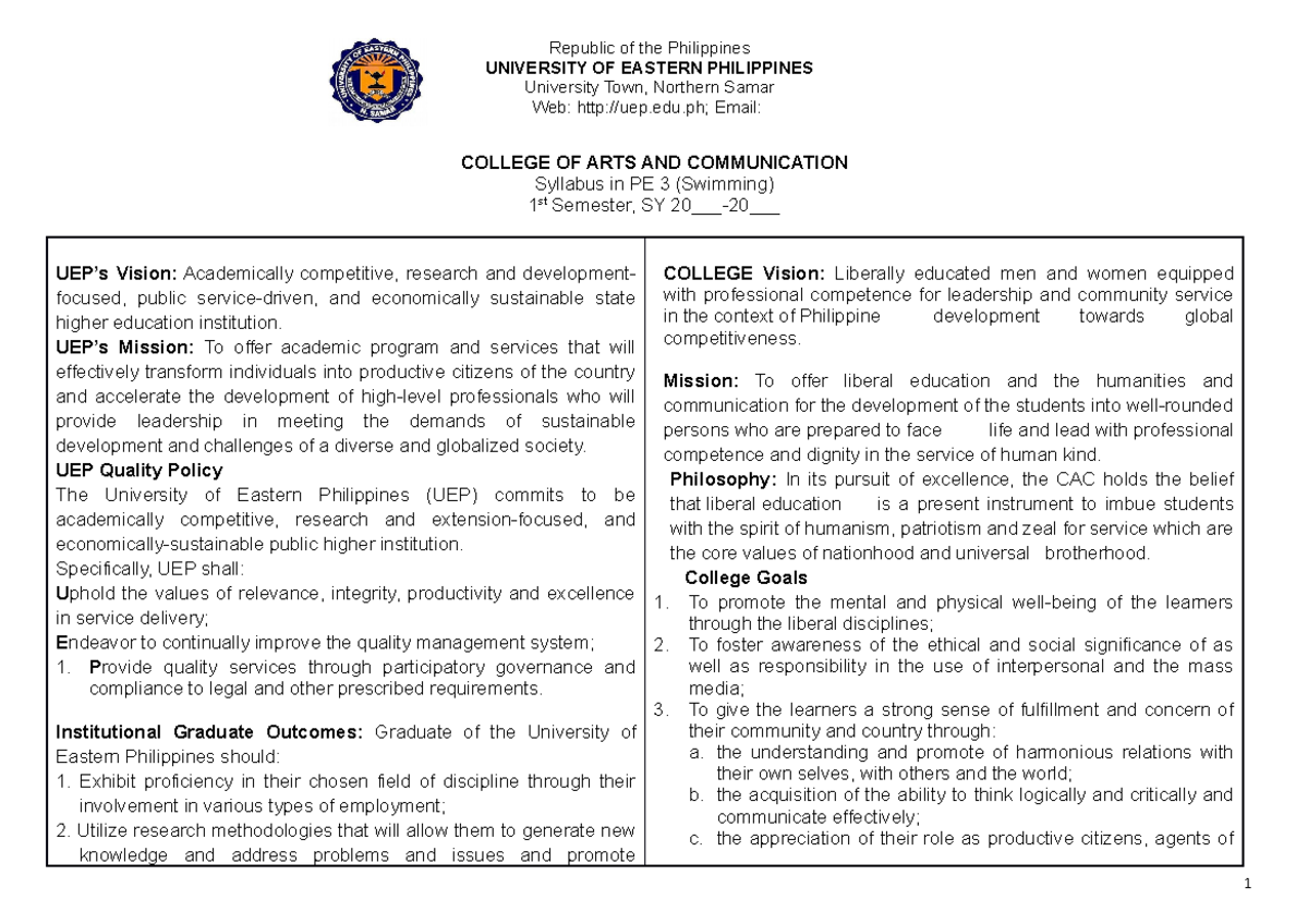 SyllabusinSwimming Republic of the Philippines UNIVERSITY OF