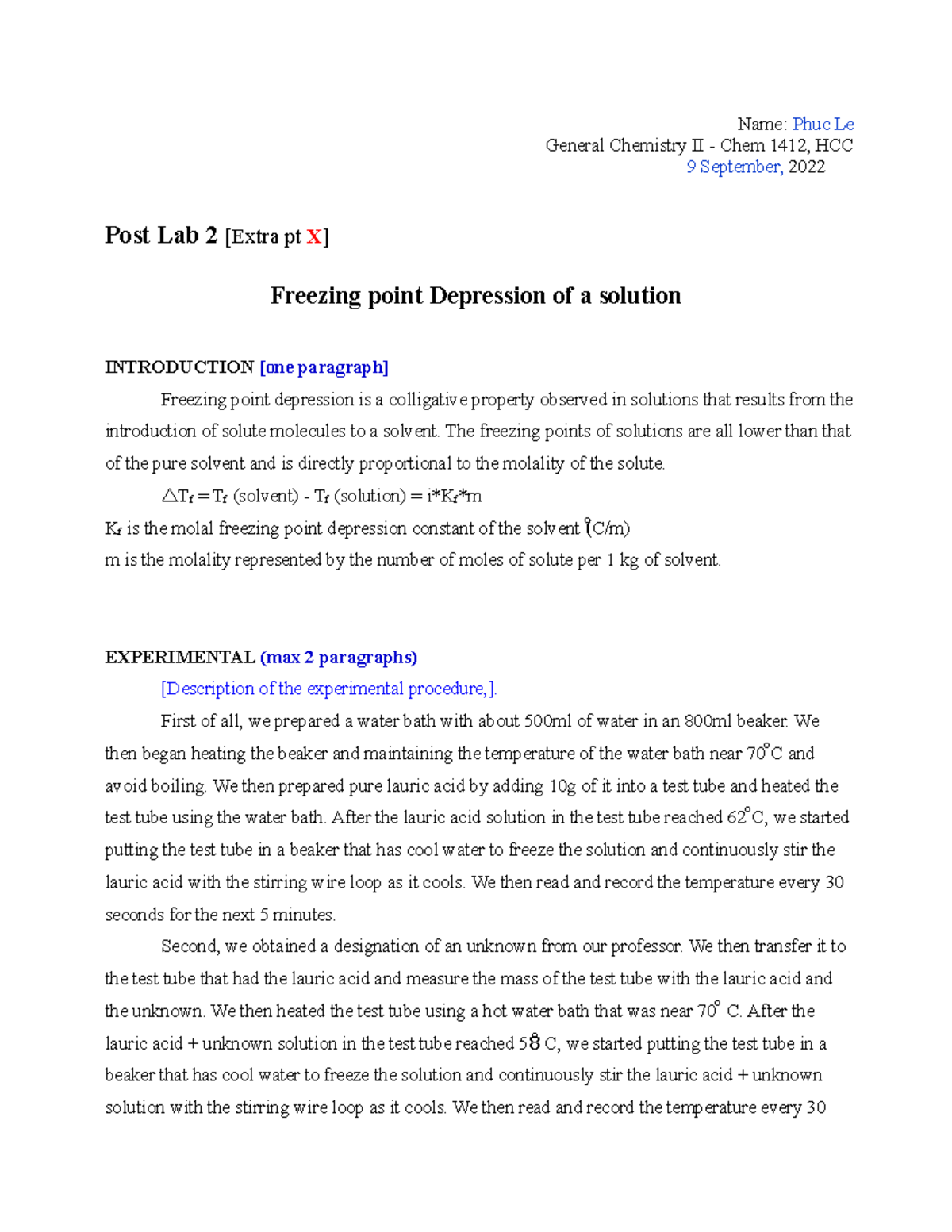 Experiment 2 Freezing Point Depression CHEM 1412 - Name: Phuc Le ...