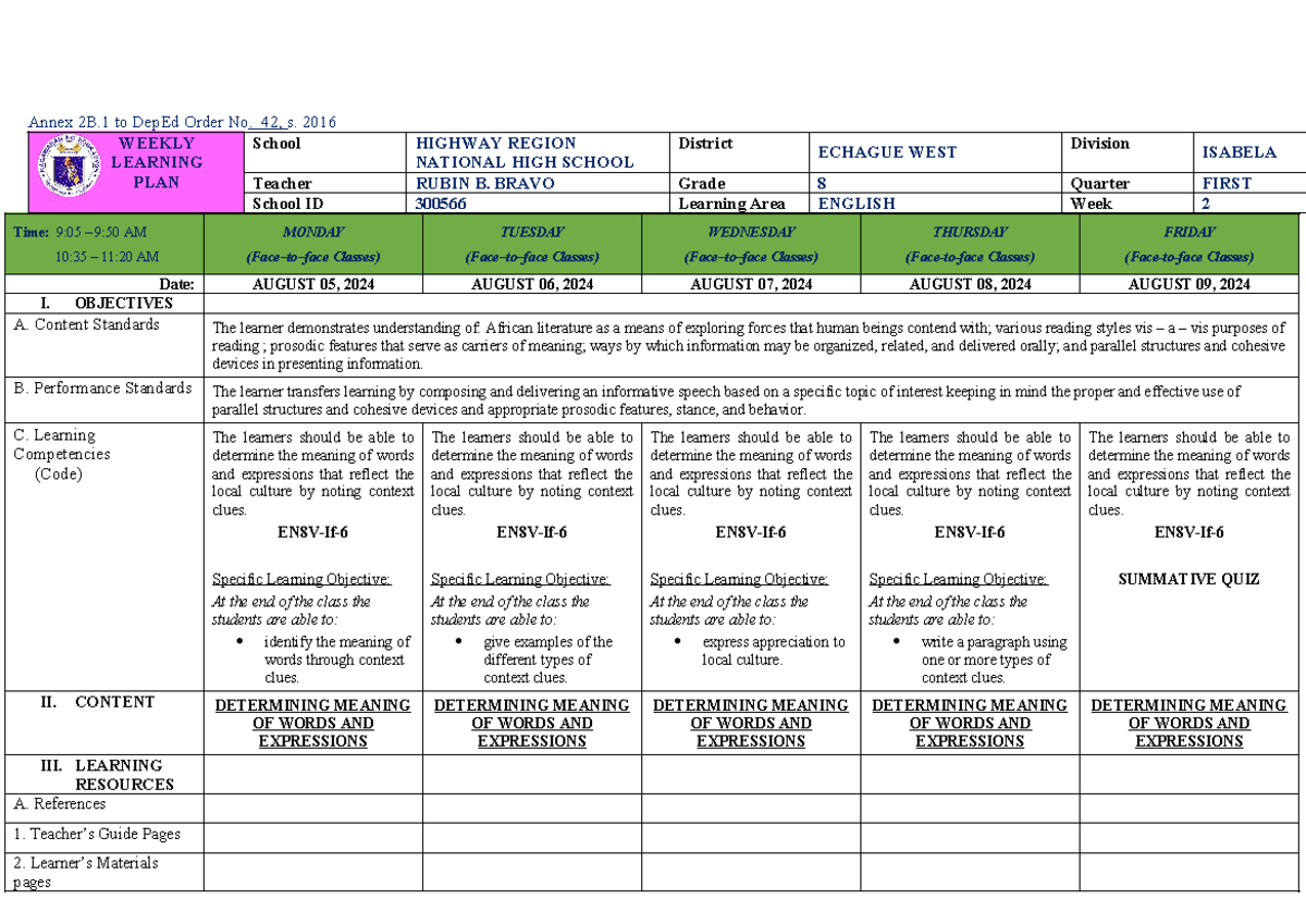 English 8 WLP Q1 WEEK 2 - Annex 2B to DepEd Order No. 42, s. 2016 ...