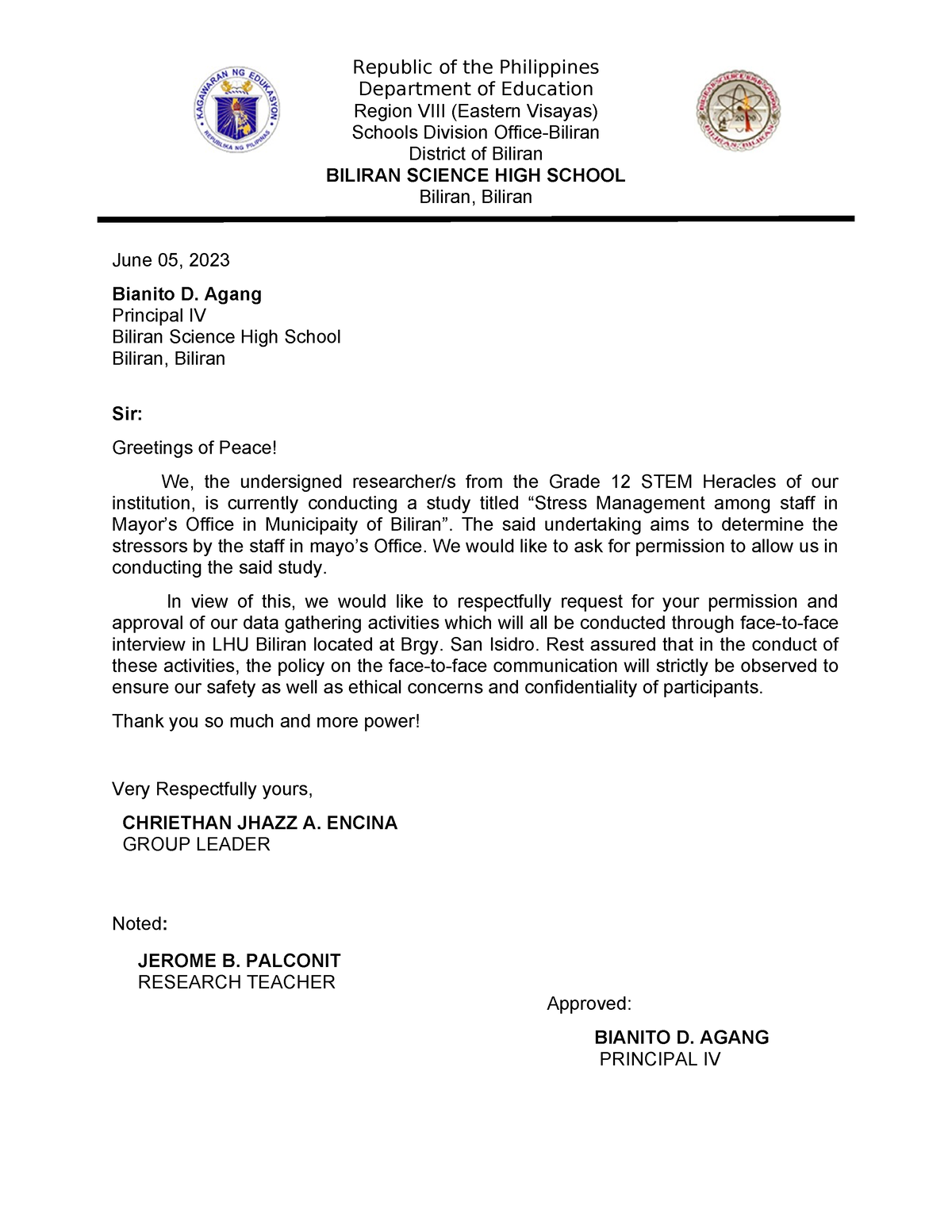 Request Letter- Principal - Republic of the Philippines Department of ...