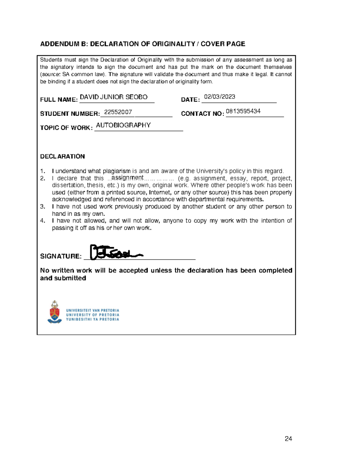 JMH Cover PAGE Autobio - please read - 24 ADDENDUM B: DECLARATION OF ...