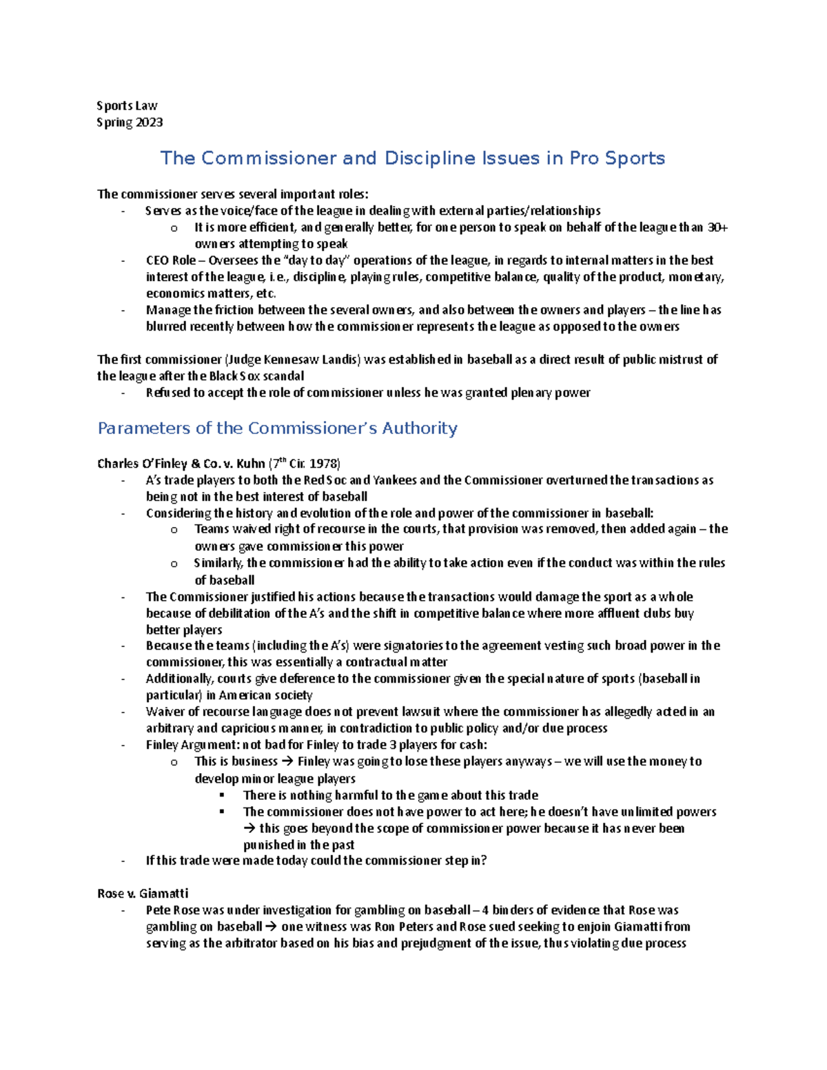 Sports Law Outlines - Sports Law Spring 2023 The Commissioner and ...