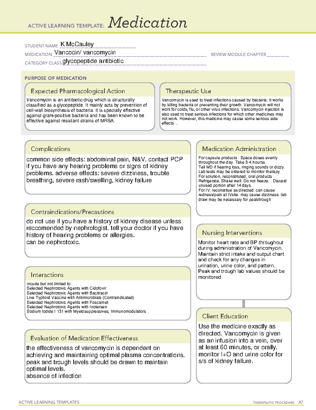 Drug card K mccauley Vanco - ACTIVE LEARNING TEMPLATES THERAPEUTIC ...