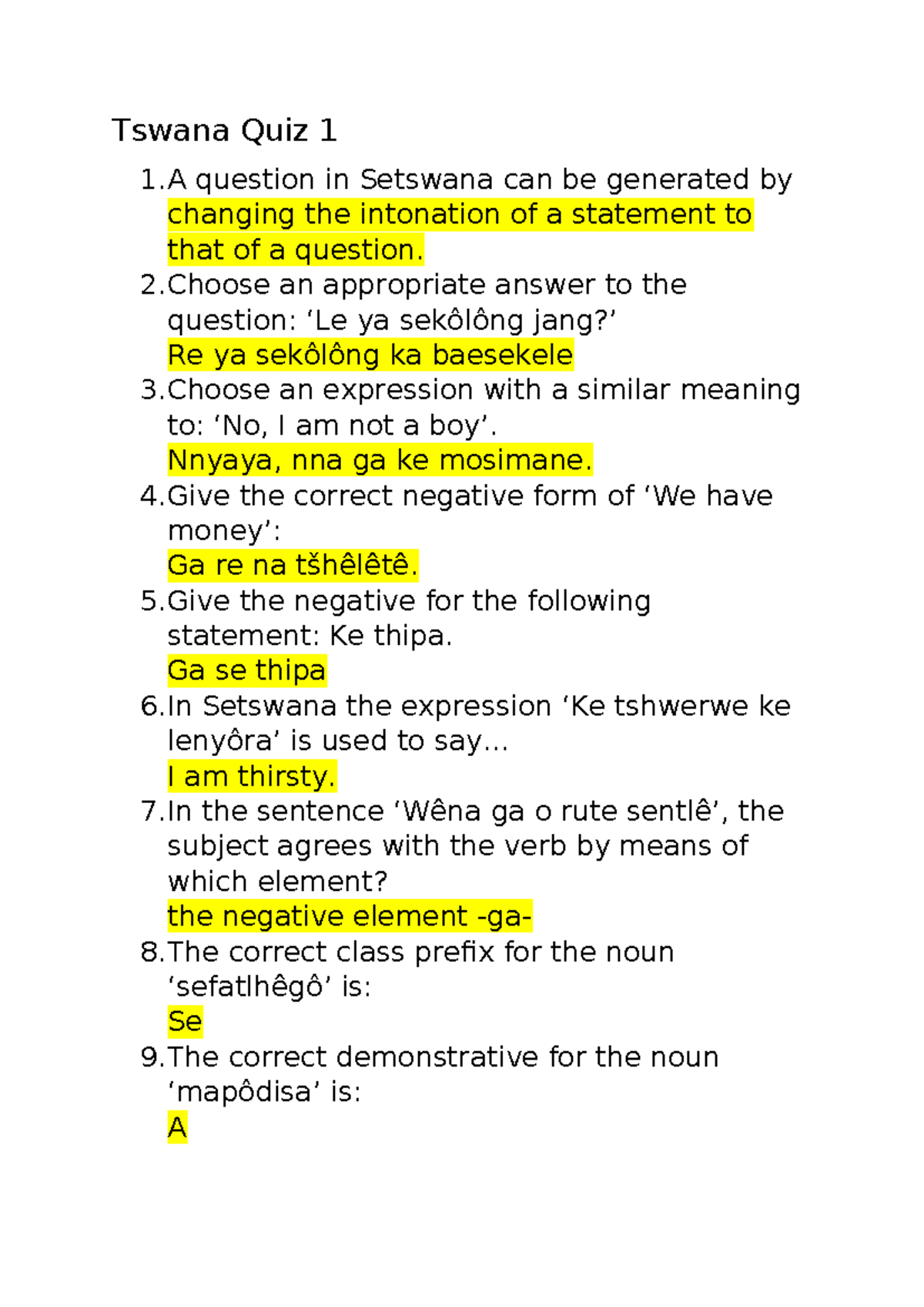Tswana Quiz 1 and 2 - Tswana Quiz 1 1 question in Setswana can be ...