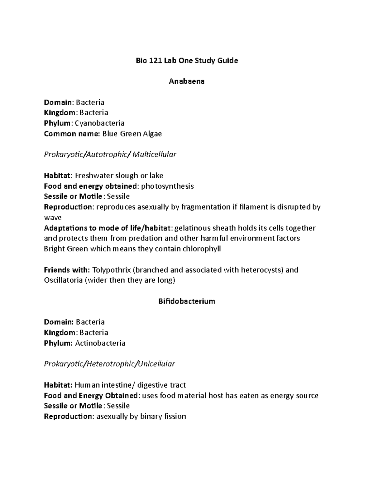 Bio 121 Lab One Quiz Study Guide - Bio 121 Lab One Study Guide Anabaena ...