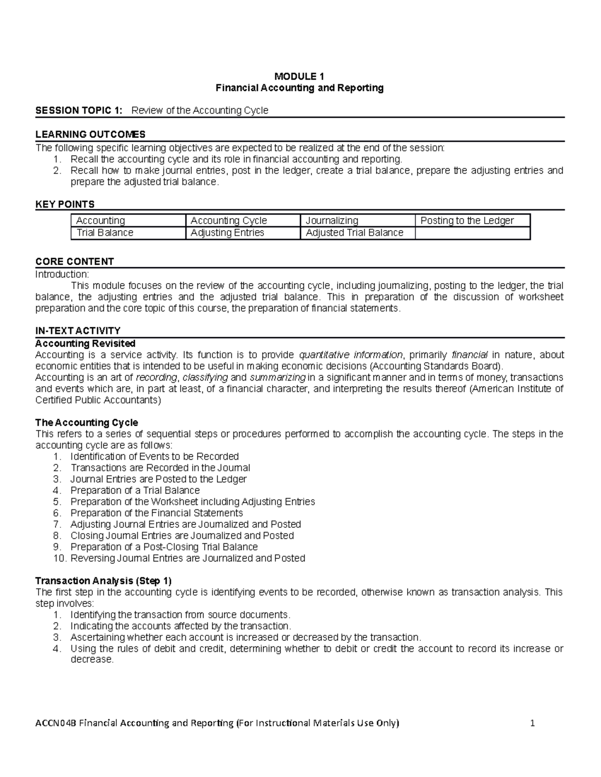 ACCN04B Module 1 - Review of the Accounting Cycle 1 - MODULE 1 ...