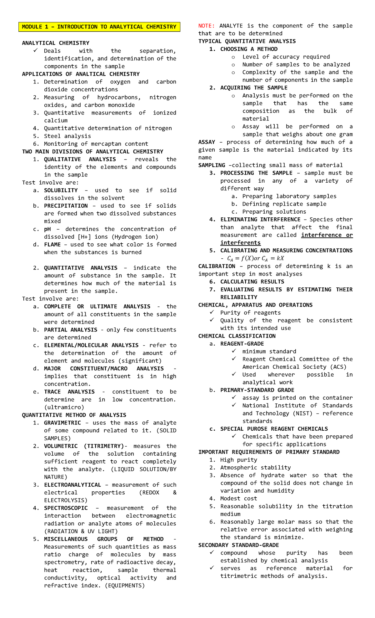 Anachem Reviewer - MODULE 1 – INTRODUCTION TO ANALYTICAL CHEMISTRY ...