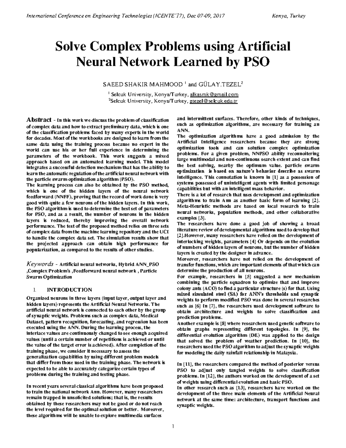 Solve Complex Problemsusing Artificial Neural Network Learnedby PSO ...