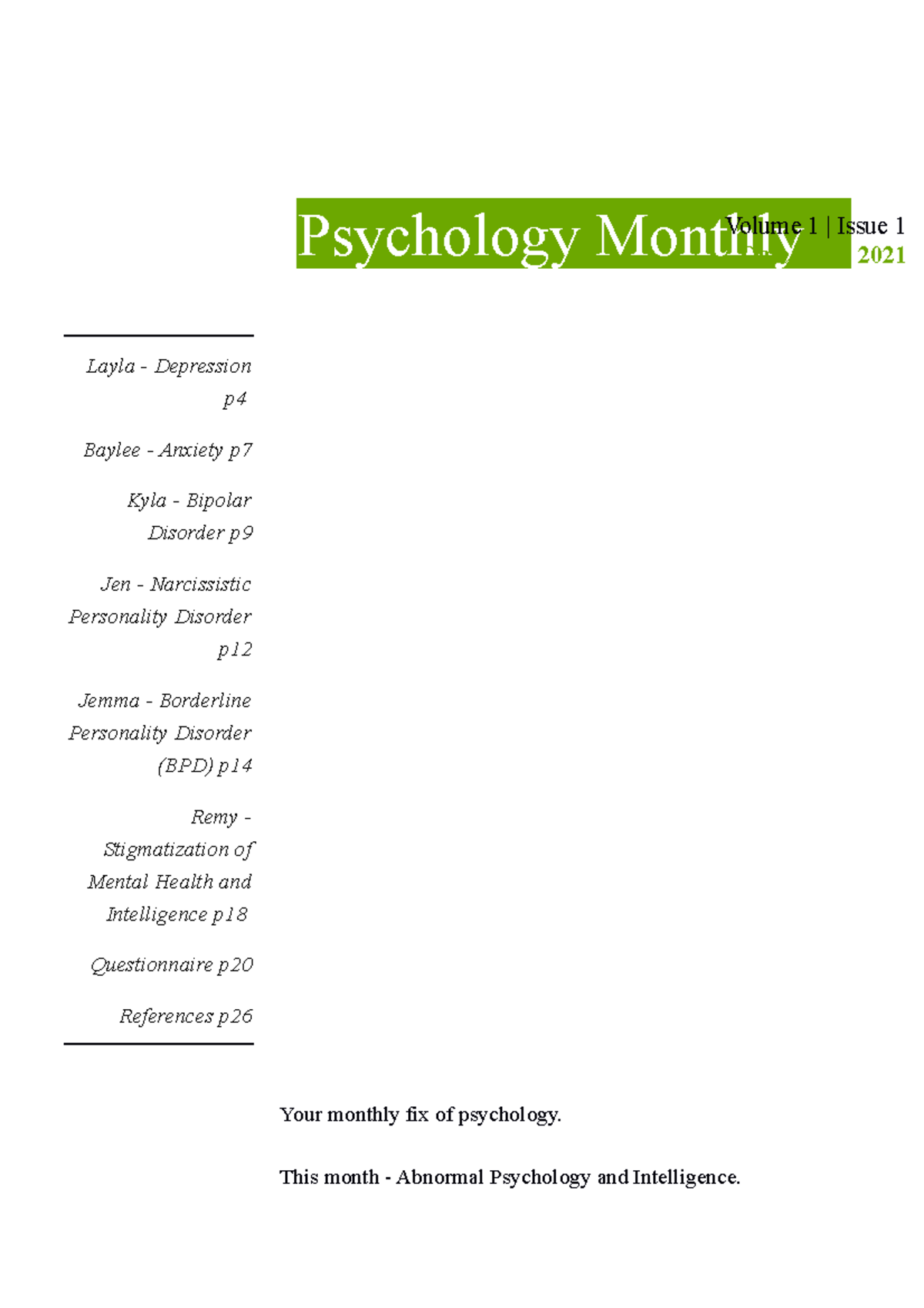 Psychology Magazine - lay article - Your monthly fix of psychology. This month - Abnormal ...