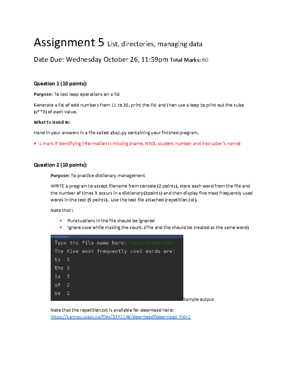 Asn5-1 - Assignment 5 - Assignment 5 List, directories, managing data ...