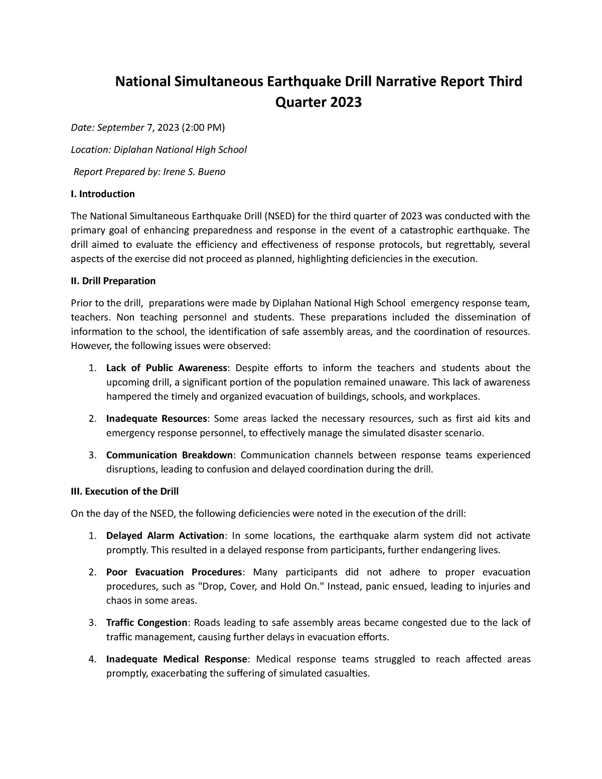 Rix Diplahan Nhs Nsed Narrative Report Third Quarter 2023 National Simultaneous Earthquake 