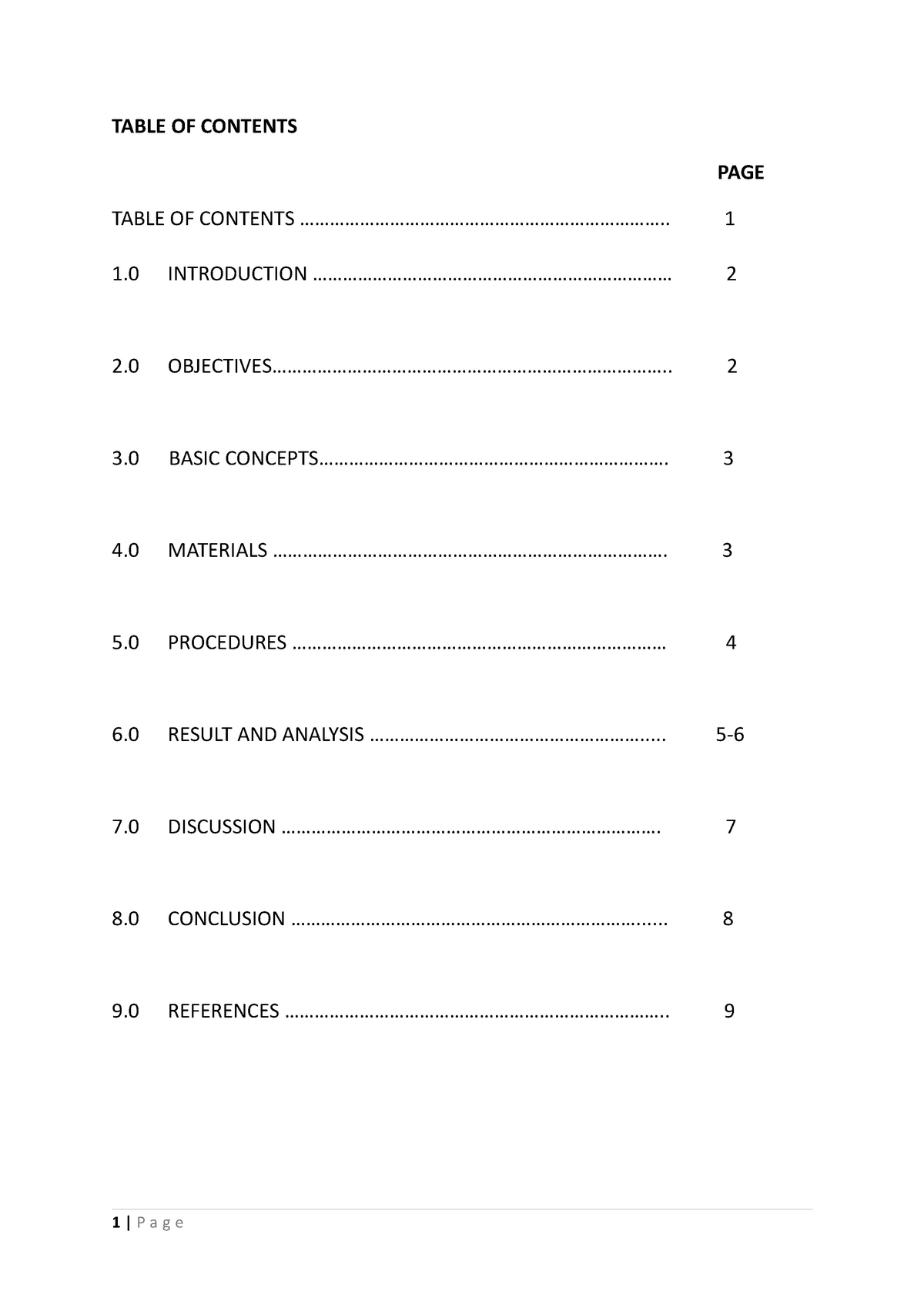 table of contents scientific report