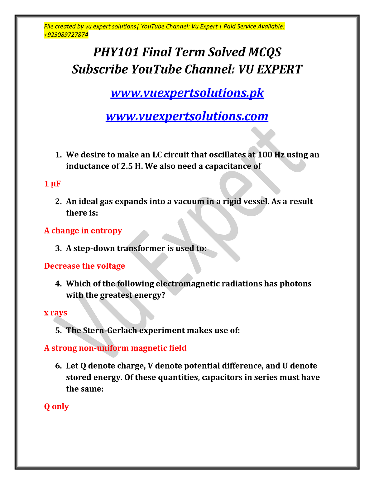 Phy101 Final Term Past Papers Vu Expert - PHY101 Final Term Solved MCQS ...