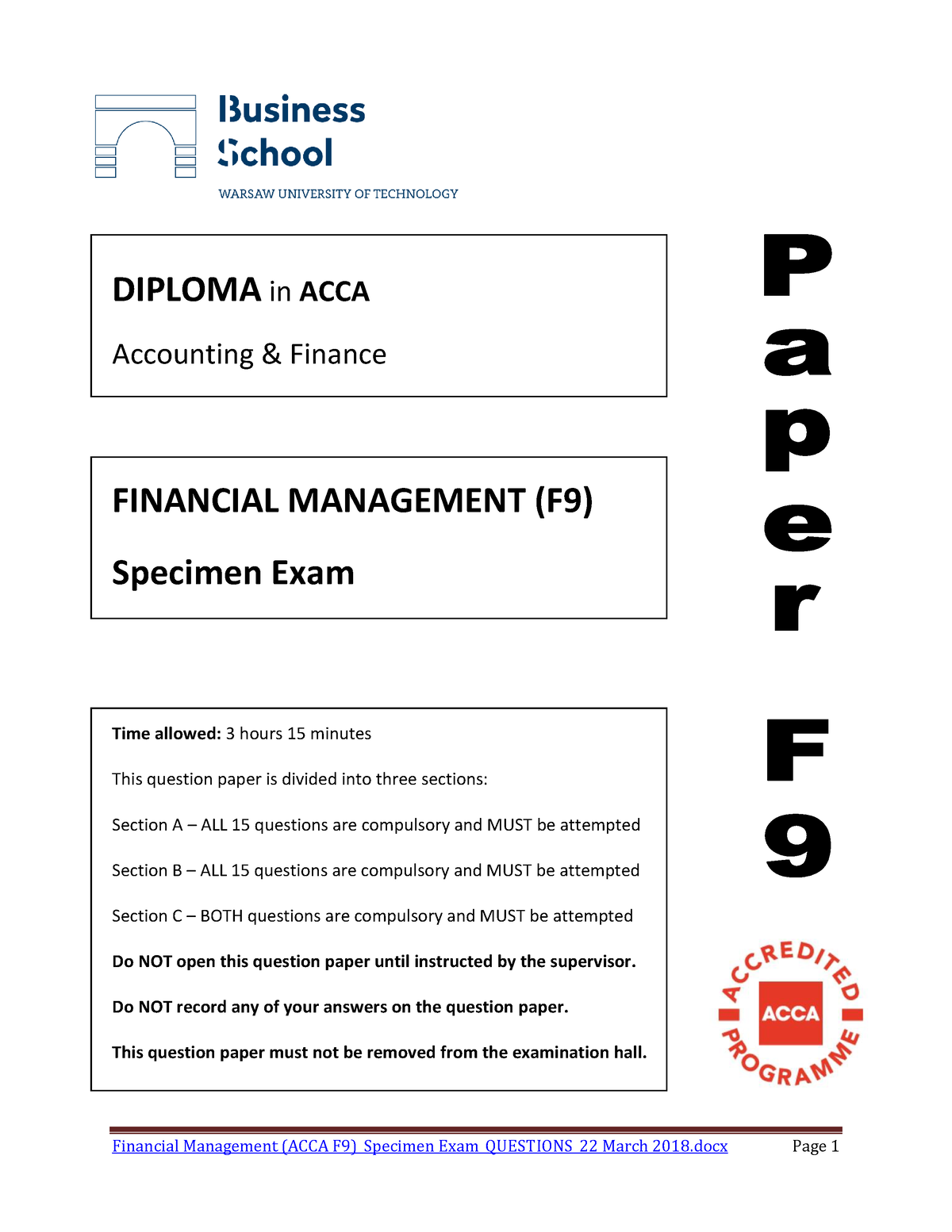 Merged Specimen Exam DIPLOMA in ACCA Accounting & Finance FINANCIAL