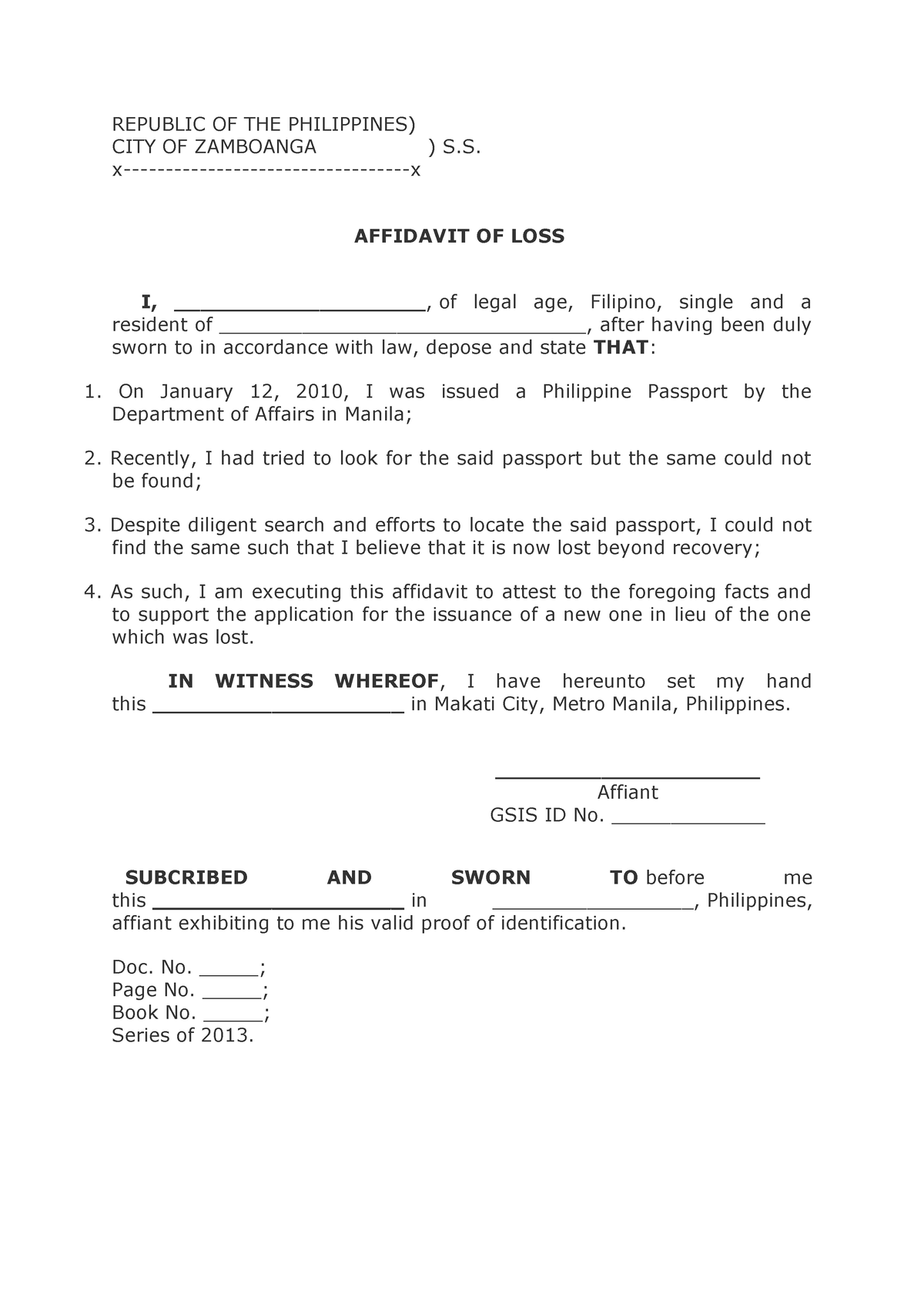 Affidavit of Loss - REPUBLIC OF THE PHILIPPINES) CITY OF ZAMBOANGA ) S ...