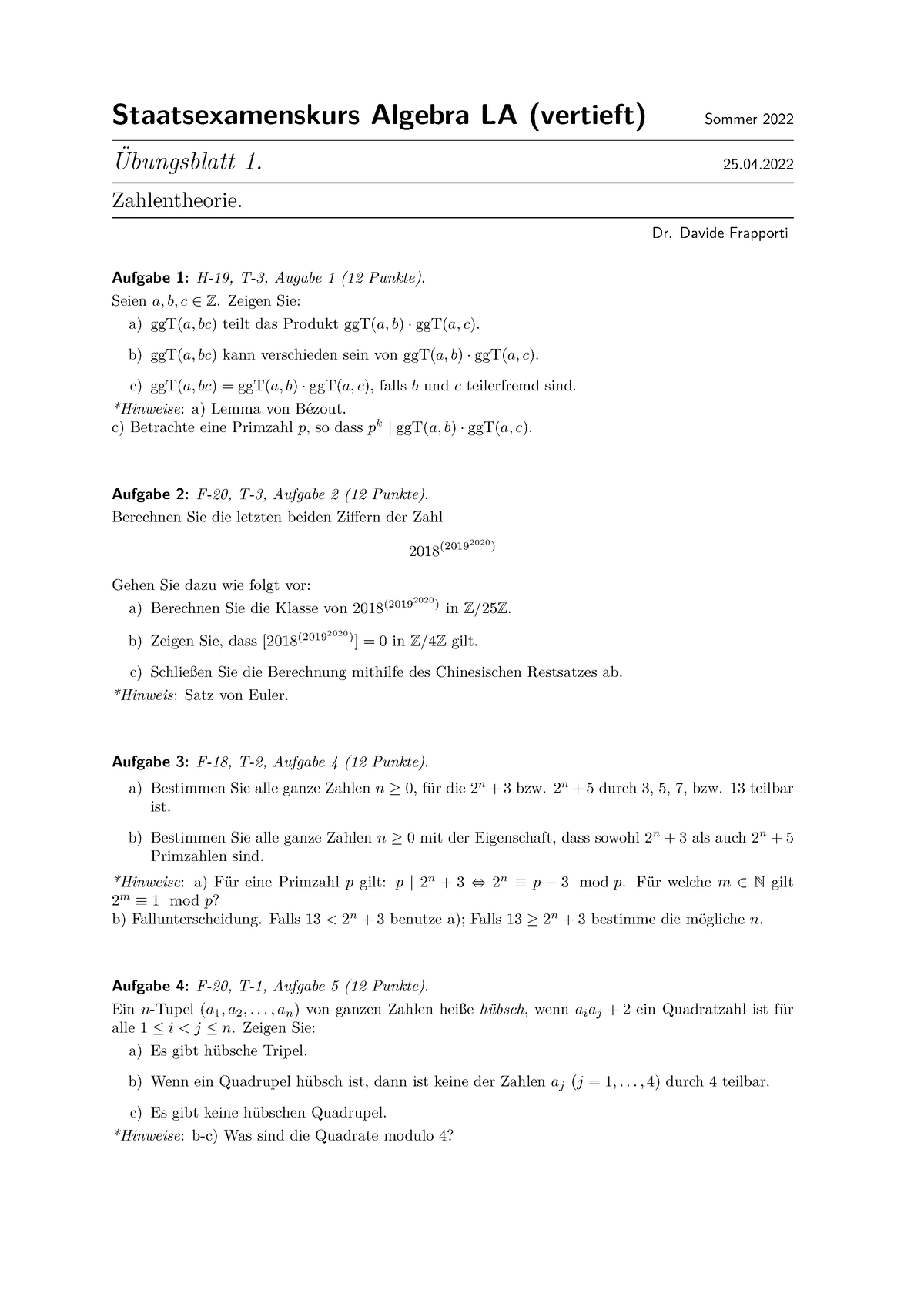 Zahlentheorie - Staatsexamenskurs Algebra LA (vertieft ...