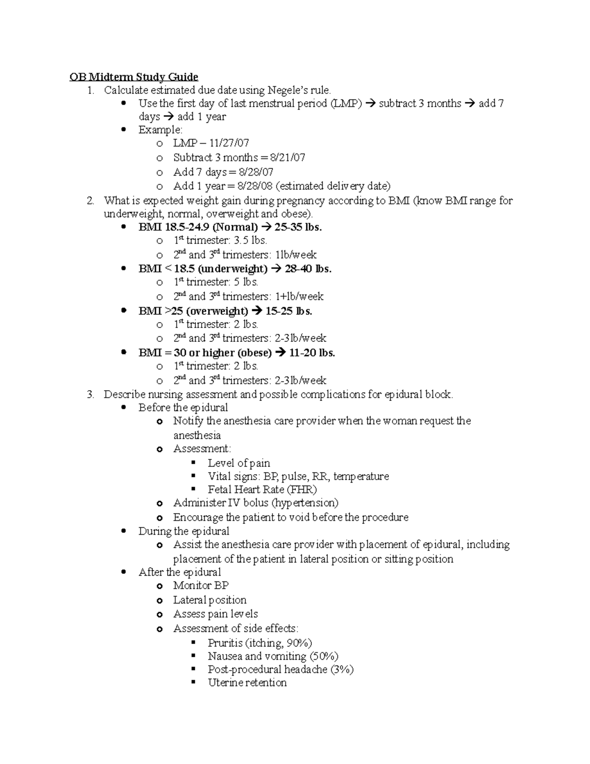 OB Midterm Study Guide Calculate estimated due date using Negele’s rule. Use the first day of