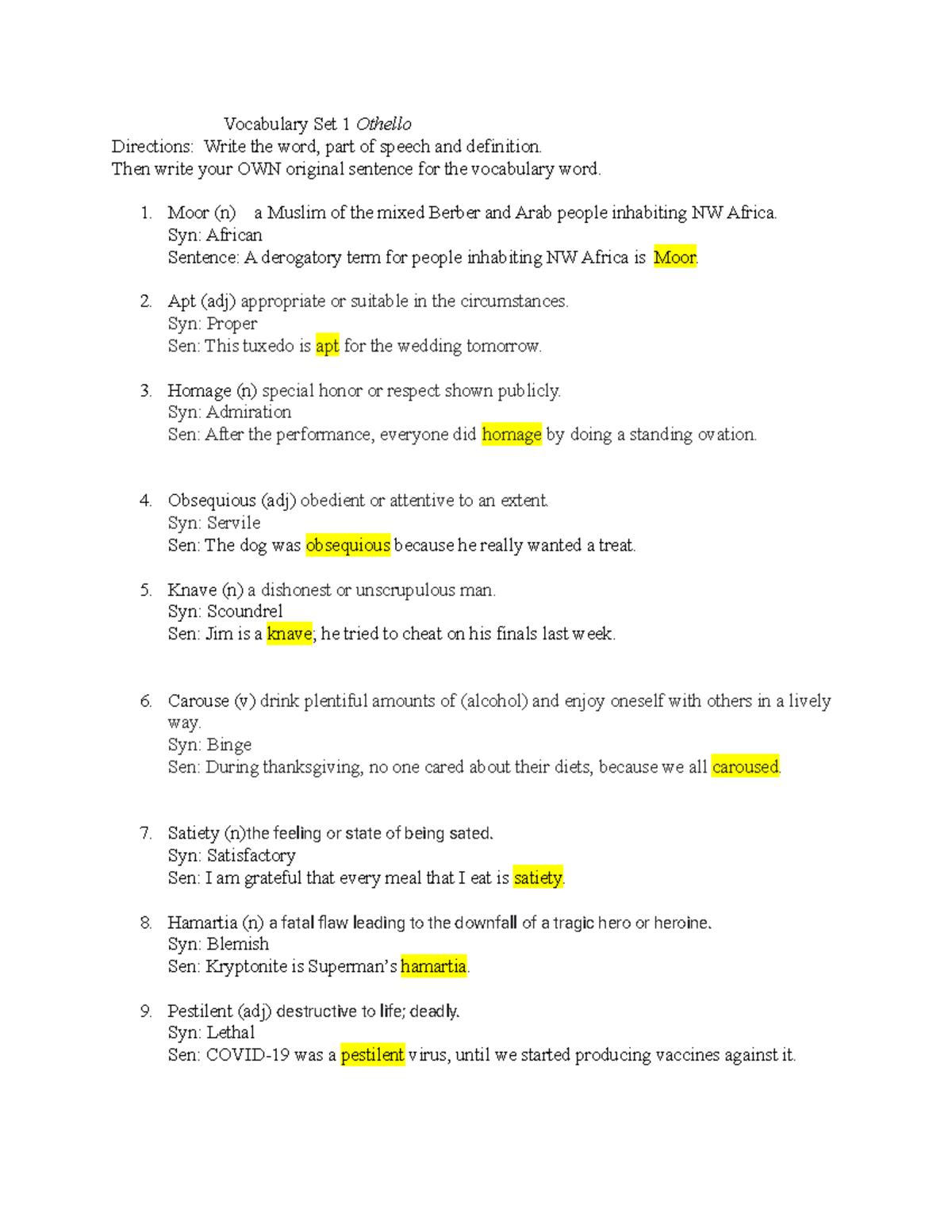 Vocabulary Set 1 Othello Vocabulary Set 1 Othello Directions Write