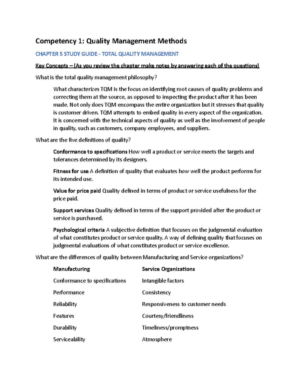 C215 Study Guide - Competency 1: Quality Management Methods CHAPTER 5 ...
