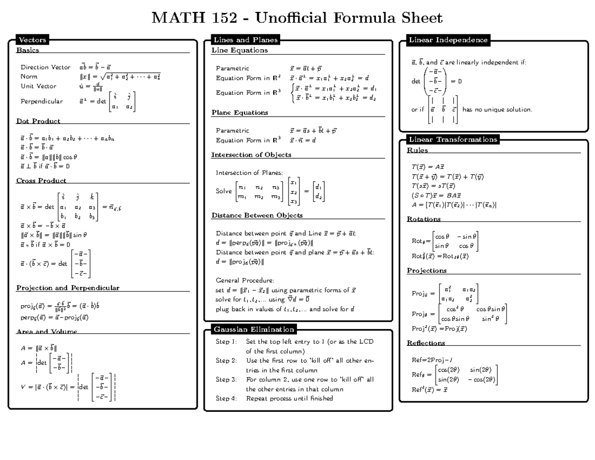 Formula Sheet - MATH 152 - Unofficial Formula Sheet Basics Direction ...