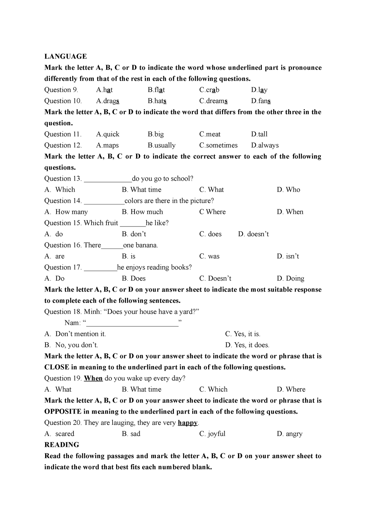 Language - LANGUAGE Mark The Letter A, B, C Or D To Indicate The Word ...