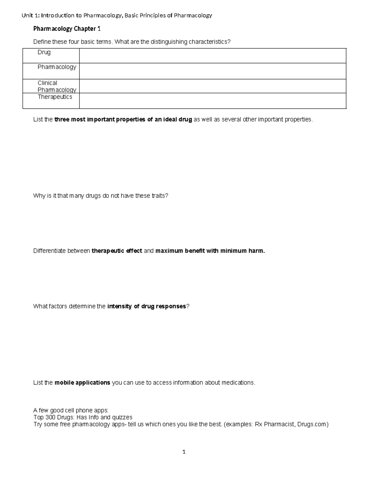 01 Pharm Study Guide Intro to Pharm - Pharmacology Chapter 1 Define ...