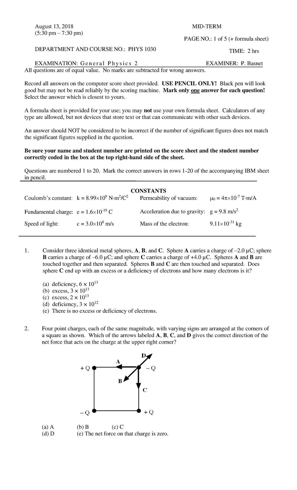 August Midterm - ( 5 :30 pm – 7 :30 pm) pm) EXAMINATION PAGE NO.: 1 of ...