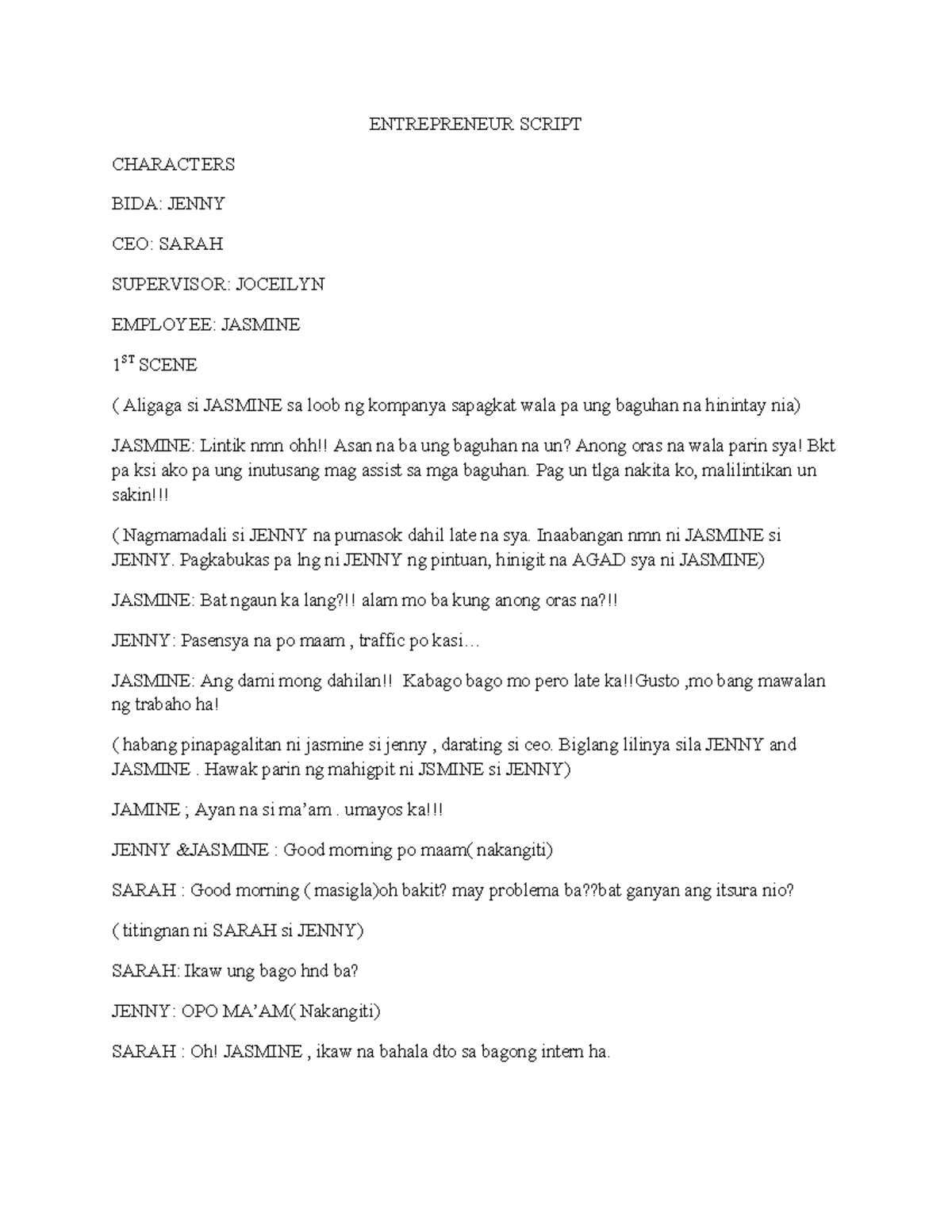 Entrepreneur Script - ENTREPRENEUR SCRIPT CHARACTERS BIDA: JENNY CEO ...