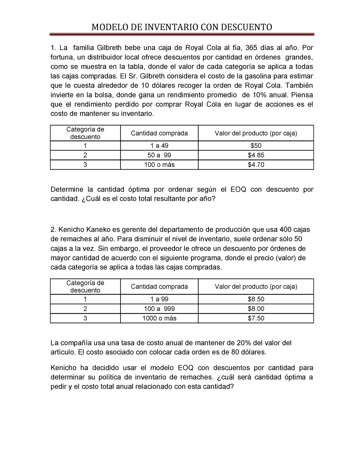 Metodo DE Inventario CON Descuento Ejercicio 1 Y 2 - MODELO DE INVENTARIO  CON DESCUENTO La familia - Studocu