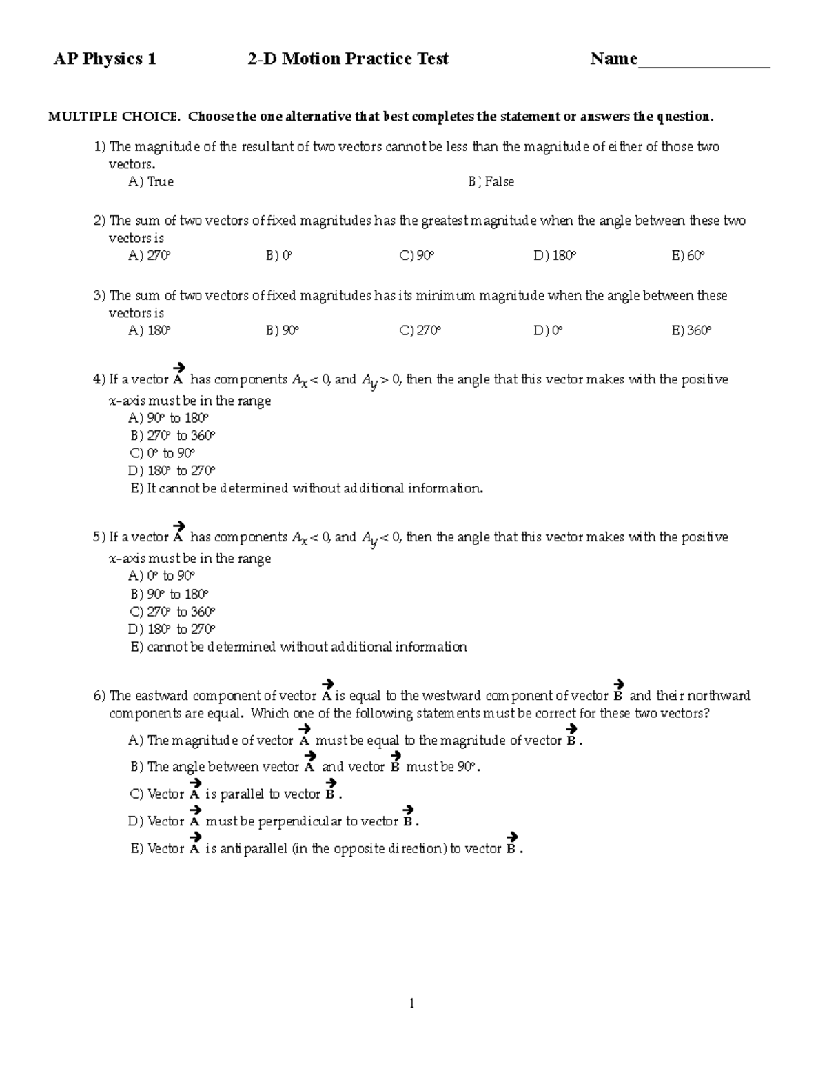 2-D Motion Practice Test - Choose the one alternative that best ...