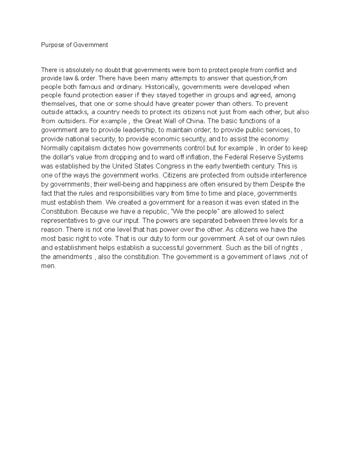 Untitled document - SUMMARY OF GOVERNMENT - Purpose of Government There ...