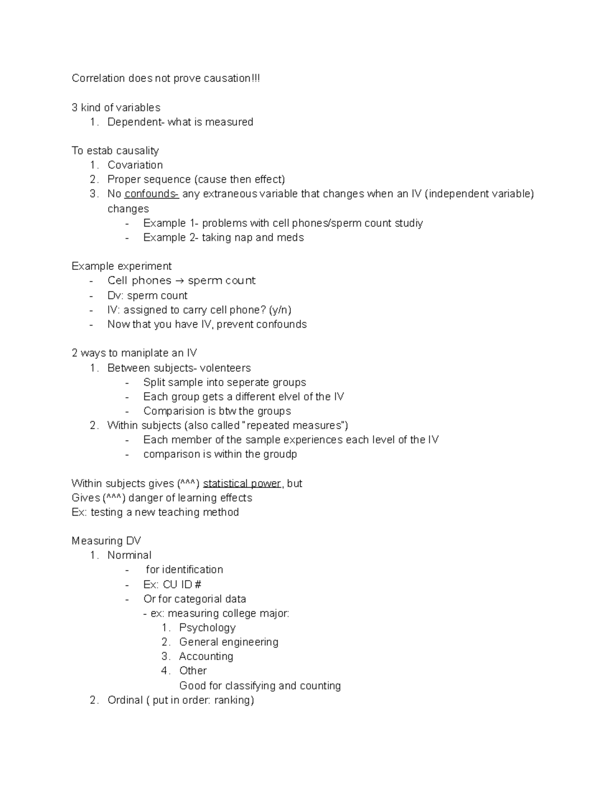 Psych 3090 lecture 2 - CH 2 notes Fred Switzer - Correlation does not ...