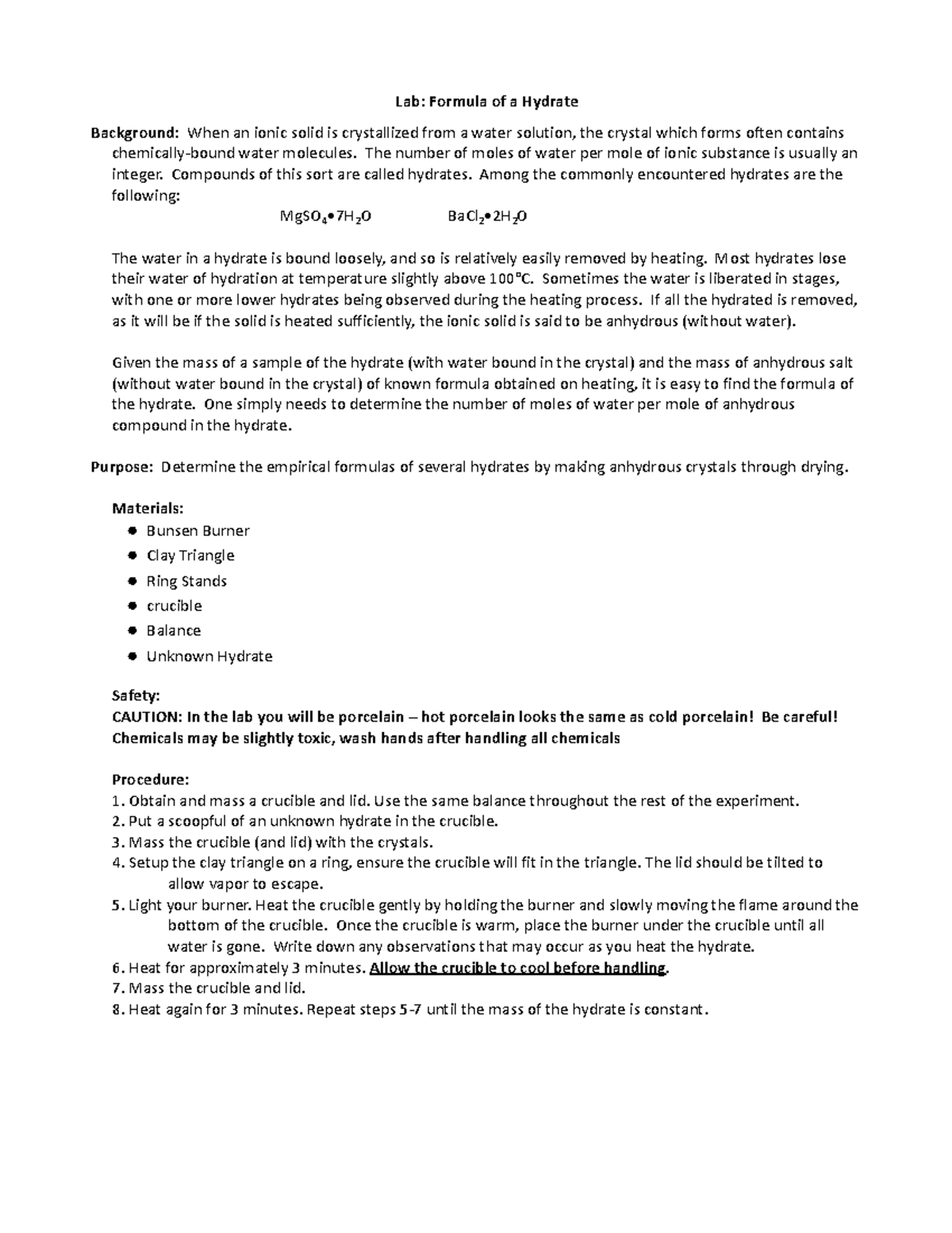 Formula of a Hydrate Lab Lab Formula of a Hydrate Background When